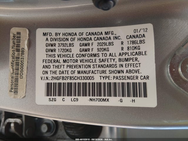 Продаж на аукціоні авто 2012 Honda Civic Ex, vin: 2HGFB2F85CH330005, номер лоту: 46152815