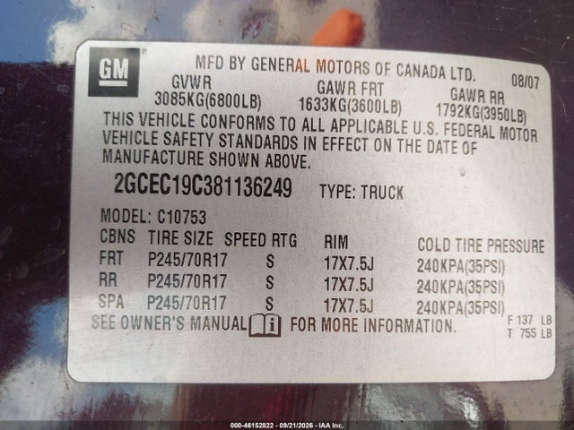 Aukcja sprzedaży 2008 Chevrolet Silverado 1500 Lt1, vin: 2GCEC19C381136249, numer aukcji: 46152822