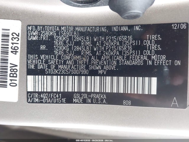 2007 Toyota Sienna Le მანქანა იყიდება აუქციონზე, vin: 5TDZK23C57S007990, აუქციონის ნომერი: 46152830
