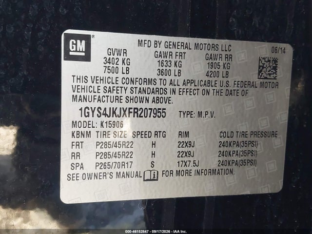 46152847 :رقم المزاد ، 1GYS4JKJXFR207955 vin ، 2015 Cadillac Escalade Esv Premium مزاد بيع