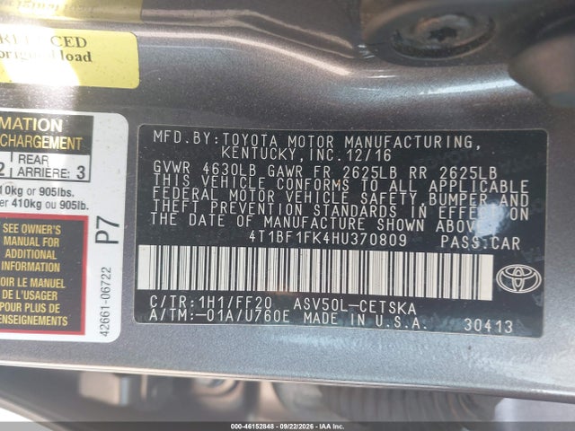 46152848 :رقم المزاد ، 4T1BF1FK4HU370809 vin ، 2017 Toyota Camry Se مزاد بيع
