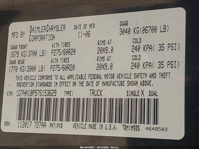 Продажа на аукционе авто 2007 Dodge Ram 1500 Slt, vin: 1D7HA18P57S153629, номер лота: 46152851