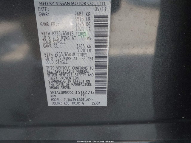 Aukcja sprzedaży 2013 Infiniti Jx35, vin: 5N1AL0MN0DC350276, numer aukcji: 46152861