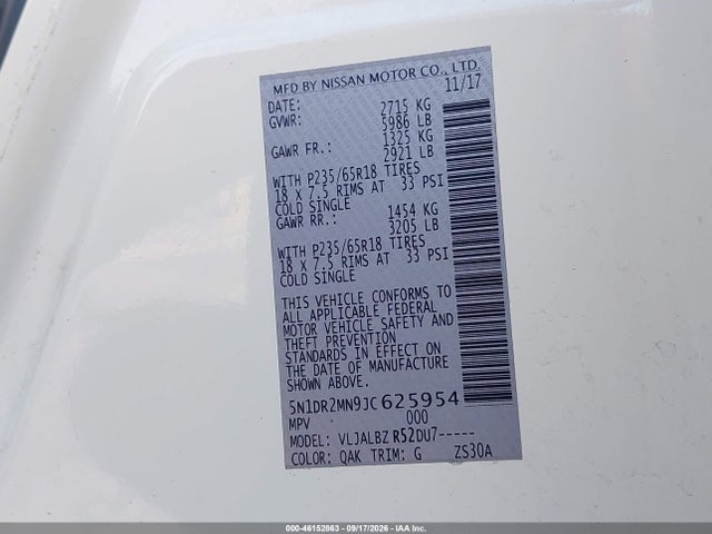 Продажа на аукционе авто 2018 Nissan Pathfinder S, vin: 5N1DR2MN9JC625954, номер лота: 46152863