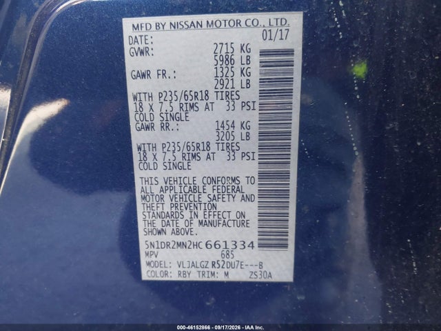 Продажа на аукционе авто 2017 Nissan Pathfinder Sl, vin: 5N1DR2MN2HC661334, номер лота: 46152866