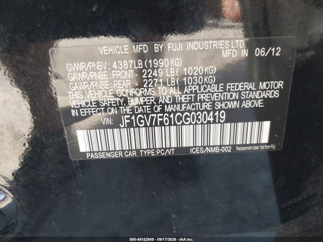 Aukcja sprzedaży 2012 Subaru Impreza Wrx Limited, vin: JF1GV7F61CG030419, numer aukcji: 46152869