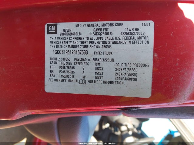 46152876 :رقم المزاد ، 1GCCS195128167533 vin ، 2002 Chevrolet S-10 مزاد بيع