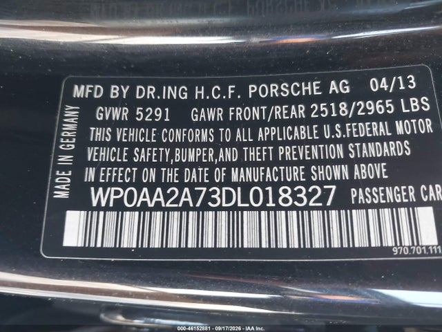 2013 Porsche Panamera 4 მანქანა იყიდება აუქციონზე, vin: WP0AA2A73DL018327, აუქციონის ნომერი: 46152881