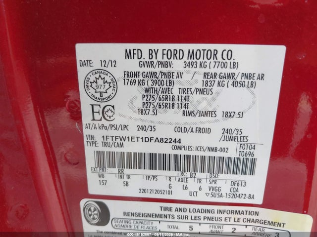 Продажа на аукционе авто 2013 Ford F-150 Fx4, vin: 1FTFW1ET1DFA82244, номер лота: 46152887