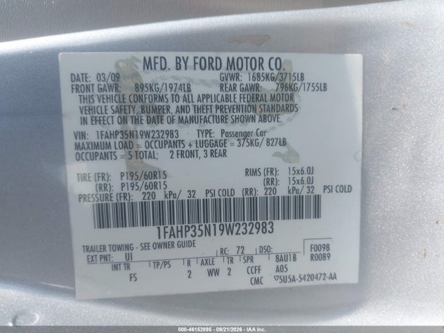 2009 Ford Focus Se მანქანა იყიდება აუქციონზე, vin: 1FAHP35N19W232983, აუქციონის ნომერი: 46152895