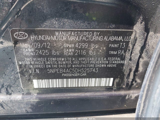 2013 Hyundai Sonata Gls მანქანა იყიდება აუქციონზე, vin: 5NPEB4AC5DH525743, აუქციონის ნომერი: 46152908