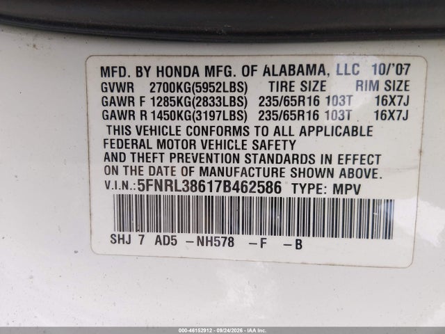 Продажа на аукционе авто 2007 Honda Odyssey Ex-l, vin: 5FNRL38617B462586, номер лота: 46152912
