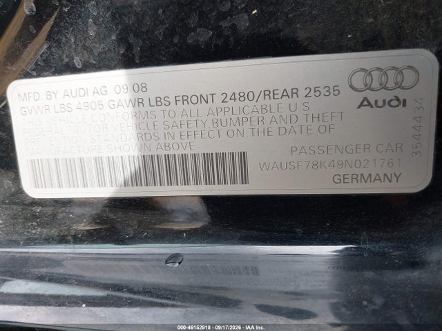 Aukcja sprzedaży 2009 Audi A4 2.0t Premium, vin: WAUSF78K49N021761, numer aukcji: 46152918