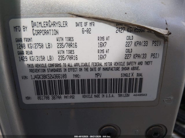 Auction sale of the 2002 Jeep Liberty Renegade, vin: 1J4GK38K52W366109, lot number: 46152925