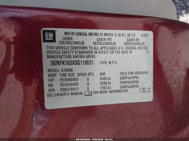 Aukcja sprzedaży 2008 Chevrolet Suburban 1500 Ltz, vin: 3GNFK163X8G110631, numer aukcji: 46152942