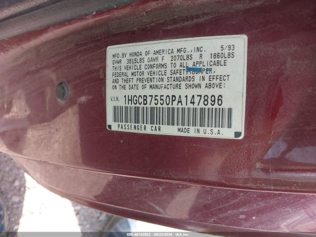 Auction sale of the 1993 Honda Accord Lx, vin: 1HGCB7550PA147896, lot number: 46152952