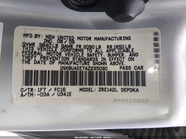 2010 Toyota Corolla Le მანქანა იყიდება აუქციონზე, vin: 1NXBU4EE7AZ235090, აუქციონის ნომერი: 46152957