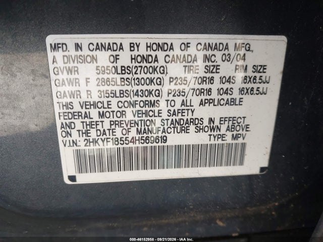 Aukcja sprzedaży 2004 Honda Pilot Ex-l, vin: 2HKYF18554H569619, numer aukcji: 46152958