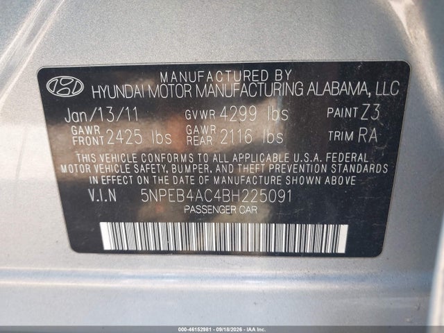 2011 Hyundai Sonata Gls მანქანა იყიდება აუქციონზე, vin: 5NPEB4AC4BH225091, აუქციონის ნომერი: 46152981