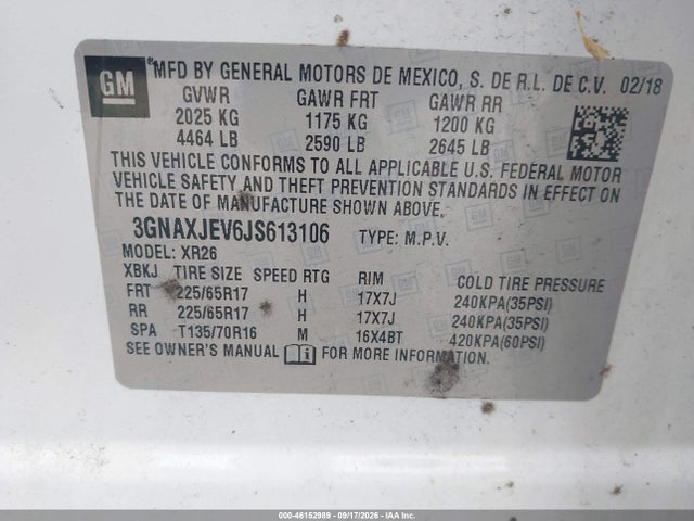 46152989 :رقم المزاد ، 3GNAXJEV6JS613106 vin ، 2018 Chevrolet Equinox Lt مزاد بيع