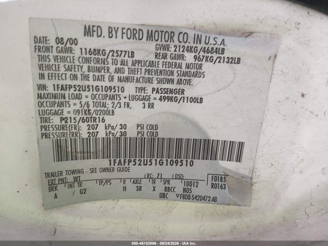 Auction sale of the 2001 Ford Taurus Lx, vin: 1FAFP52U51G109510, lot number: 46152996
