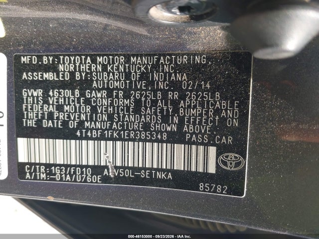 46153000 :رقم المزاد ، 4T4BF1FK1ER385348 vin ، 2014 Toyota Camry Le مزاد بيع