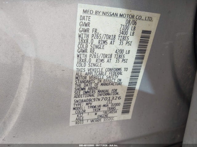 46153008 :رقم المزاد ، 5N1BA08C97N701326 vin ، 2007 Nissan Armada Le مزاد بيع