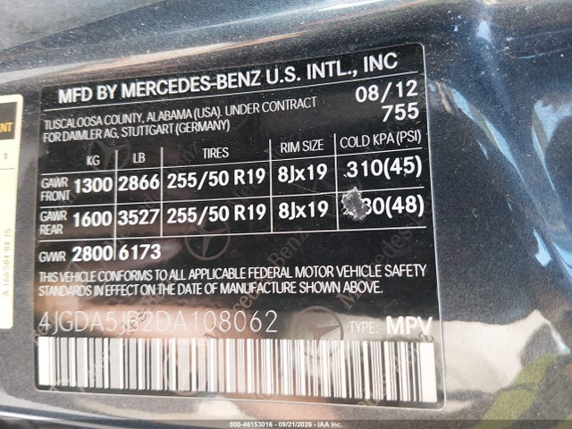 46153016 :رقم المزاد ، 4JGDA5JB2DA108062 vin ، 2013 Mercedes-benz Ml 350 مزاد بيع