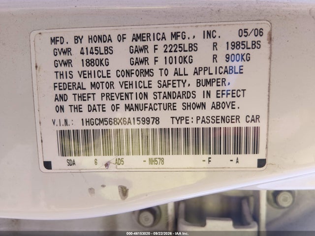 46153020 :رقم المزاد ، 1HGCM568X6A159978 vin ، 2006 Honda Accord 2.4 Ex مزاد بيع