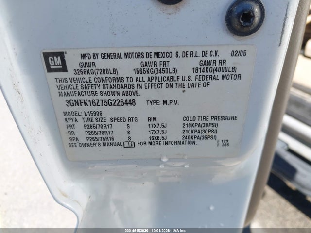 46153030 :رقم المزاد ، 3GNFK16Z75G226448 vin ، 2005 Chevrolet Suburban 1500 Z71 مزاد بيع