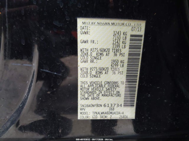 Продажа на аукционе авто 2013 Nissan Armada Platinum, vin: 5N1BA0NF8DN613734, номер лота: 46153032