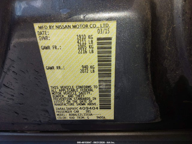 Auction sale of the 2015 Nissan Altima 2.5 S, vin: 1N4AL3APXFC409404, lot number: 46153047