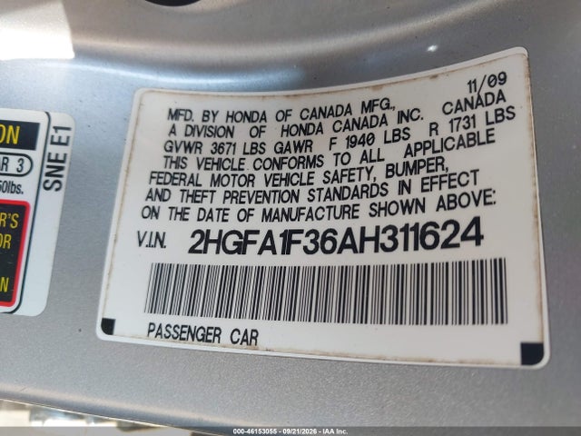 Продаж на аукціоні авто 2010 Honda Civic Vp, vin: 2HGFA1F36AH311624, номер лоту: 46153055