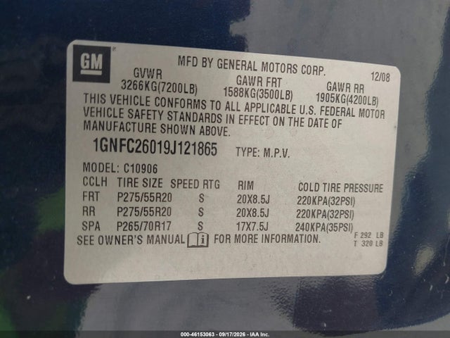 2009 Chevrolet Suburban 1500 Lt2 მანქანა იყიდება აუქციონზე, vin: 1GNFC26019J121865, აუქციონის ნომერი: 46153063