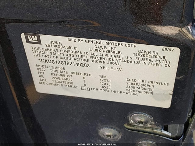 Продаж на аукціоні авто 2008 Gmc Envoy Sle, vin: 1GKDS13S782149203, номер лоту: 46153074