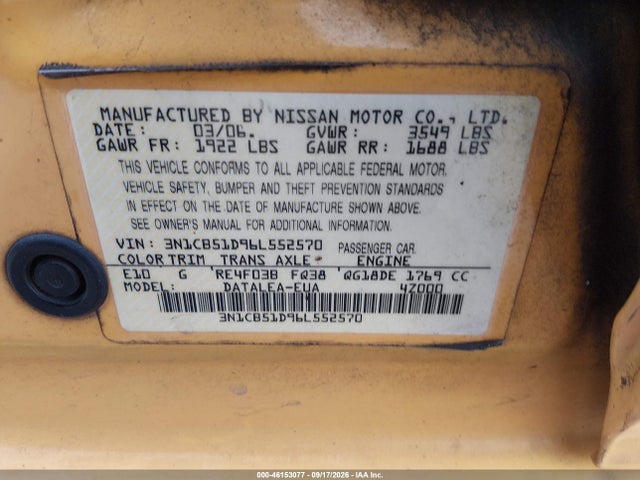 Aukcja sprzedaży 2006 Nissan Sentra 1.8s, vin: 3N1CB51D96L552570, numer aukcji: 46153077