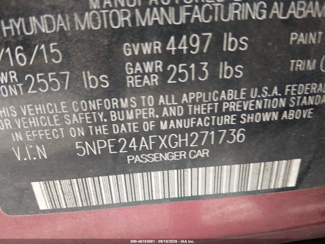 2016 Hyundai Sonata Se მანქანა იყიდება აუქციონზე, vin: 5NPE24AFXGH271736, აუქციონის ნომერი: 46153081