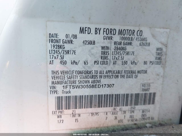 46153105 :رقم المزاد ، 1FTSW30558ED17307 vin ، 2008 Ford F-350 King Ranch/lariat/xl/xlt مزاد بيع