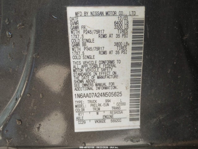 Aukcja sprzedaży 2004 Nissan Titan Xe, vin: 1N6AA07A24N505625, numer aukcji: 46153108
