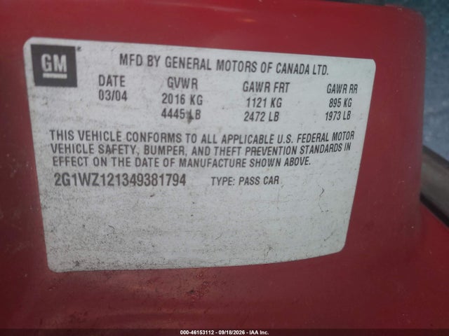 Продажа на аукционе авто 2004 Chevrolet Monte Carlo Supercharged Ss, vin: 2G1WZ121349381794, номер лота: 46153112