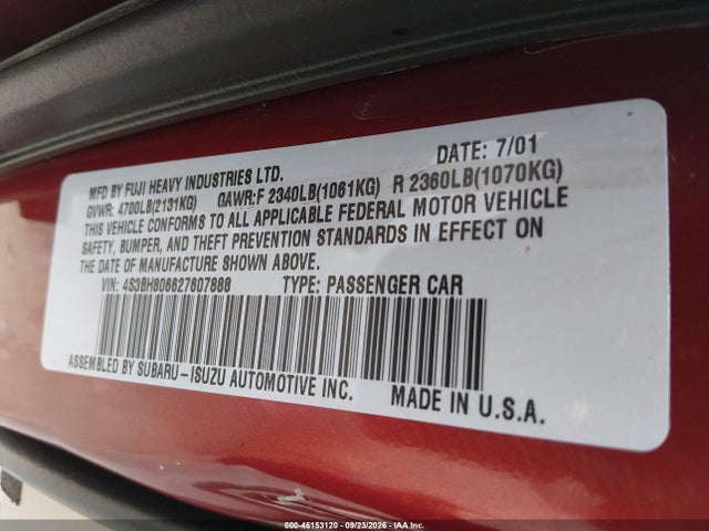 46153120 :رقم المزاد ، 4S3BH806627607888 vin ، 2002 Subaru Outback H6-3.0 L.l. Bean Edition مزاد بيع