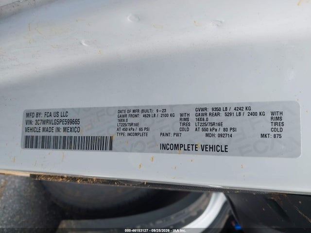 46153127 :رقم المزاد ، 3C7WRVLG5PE599665 vin ، 2023 Ram Promaster 3500 Cutaway Low Roof مزاد بيع