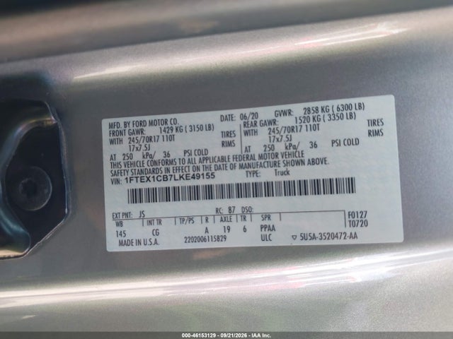 2020 Ford F-150 Xl მანქანა იყიდება აუქციონზე, vin: 1FTEX1CB7LKE49155, აუქციონის ნომერი: 46153129