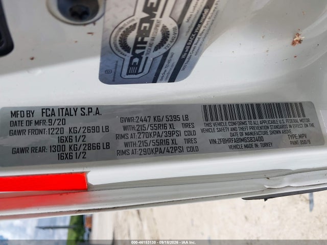 46153130 :رقم المزاد ، ZFBHRFAB1M6S83400 vin ، 2021 Ram Promaster City Tradesman مزاد بيع