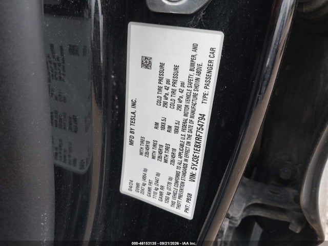 46153135 :رقم المزاد ، 5YJ3E1EBXRF754794 vin ، 2024 Tesla Model 3 Long Range Dual Motor All-wheel Drive مزاد بيع
