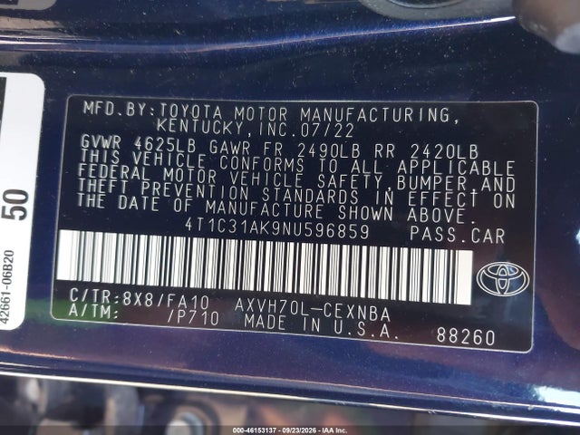 Aukcja sprzedaży 2022 Toyota Camry Le Hybrid, vin: 4T1C31AK9NU596859, numer aukcji: 46153137