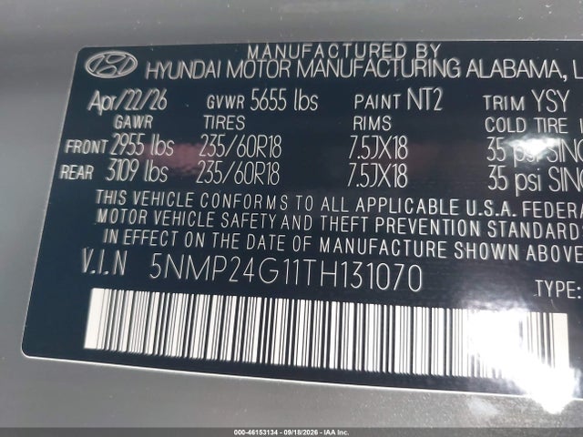 46153134 :رقم المزاد ، 5NMP24G11TH131070 vin ، 2026 Hyundai Santa Fe Hybrid Sel مزاد بيع