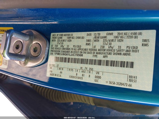 46153147 :رقم المزاد ، 1FMCU9G61LUC70508 vin ، 2020 Ford Escape Se مزاد بيع