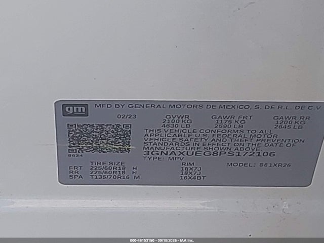 2023 Chevrolet Equinox Awd Lt მანქანა იყიდება აუქციონზე, vin: 3GNAXUEG8PS172106, აუქციონის ნომერი: 46153150