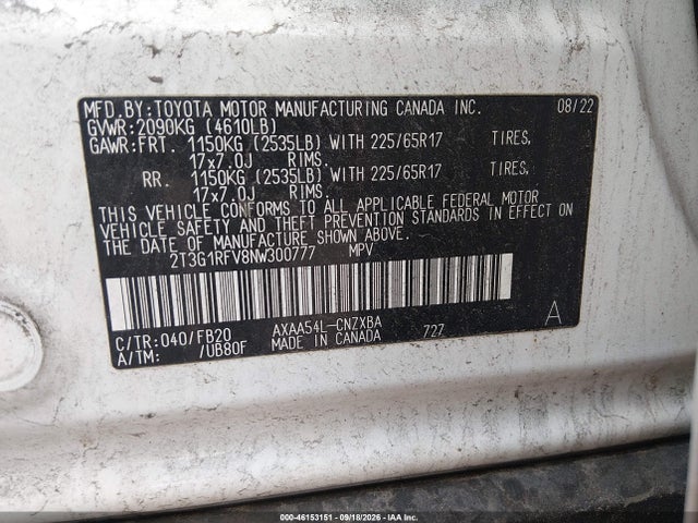 Aukcja sprzedaży 2022 Toyota Rav4 Le, vin: 2T3G1RFV8NW300777, numer aukcji: 46153151